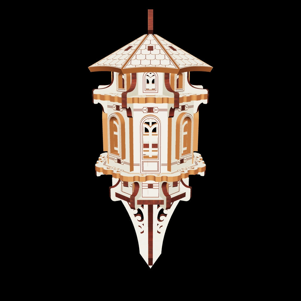 Laser cut plywood garden tower model featuring a decorative stake, ideal for garden beds or potted plants.