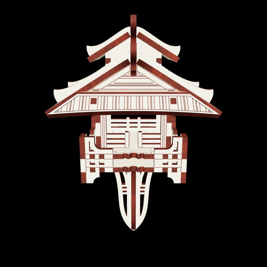 laser cut plywood asian pagoda puzzle model with flat base on white background.