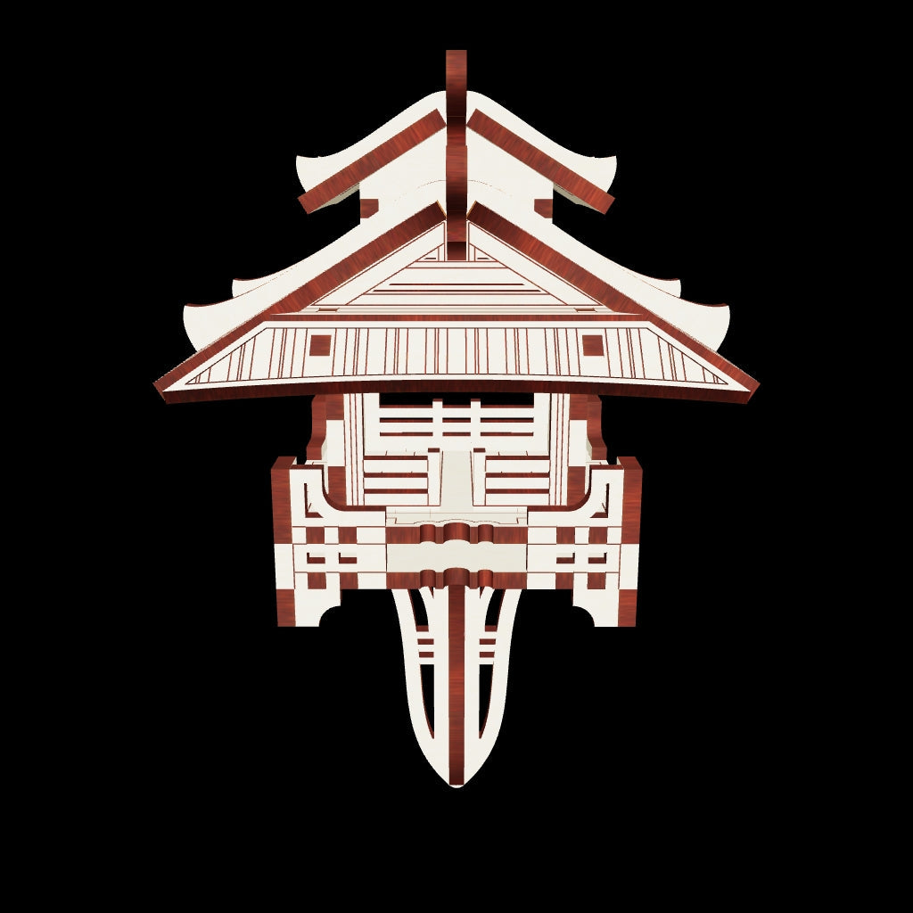 laser cut plywood asian pagoda puzzle model with flat base on white background.