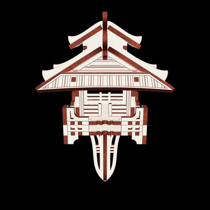 laser cut plywood asian pagoda puzzle model with flat base on white background.