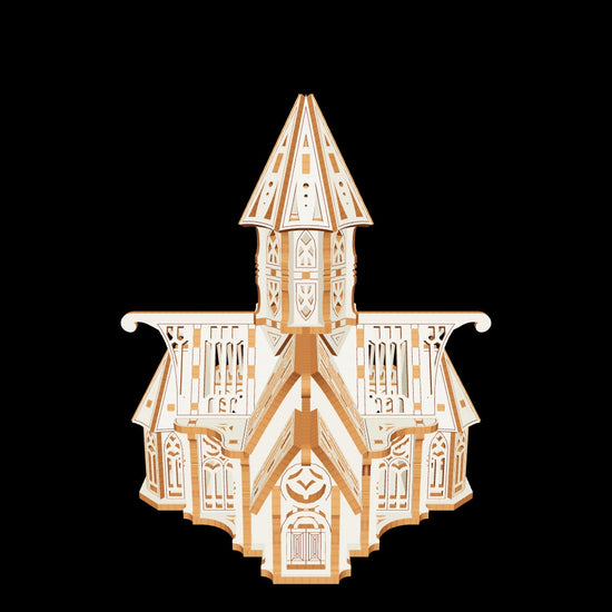  Gothic stronghold miniature with tall spires made from laser cut plywood elements.