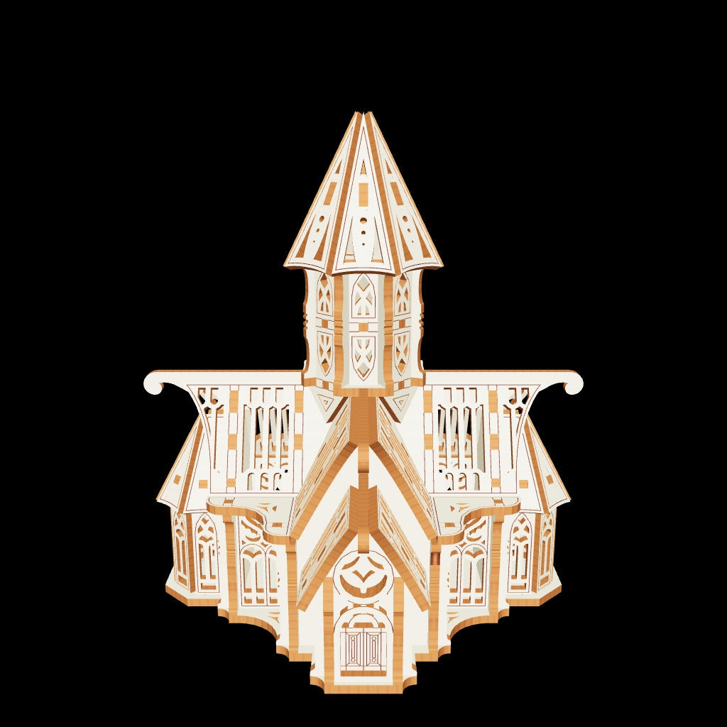  Gothic stronghold miniature with tall spires made from laser cut plywood elements.
