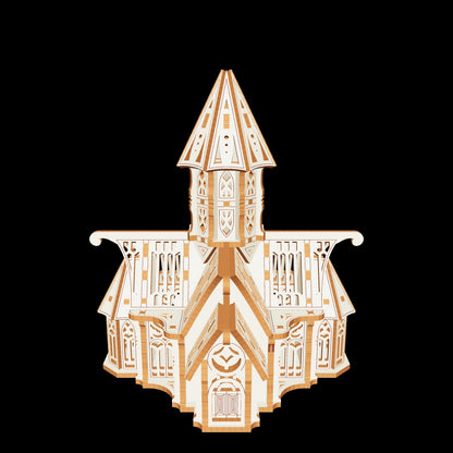  Gothic stronghold miniature with tall spires made from laser cut plywood elements.