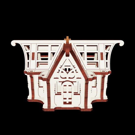 Miniature cross-shaped greenhouse model built from flat laser cut plywood panels.