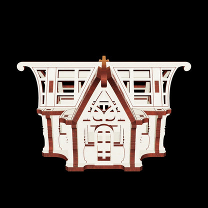 Miniature cross-shaped greenhouse model built from flat laser cut plywood panels.
