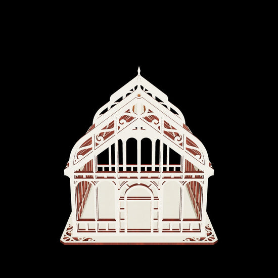 3D digital model render of a miniature Victorian greenhouse box made from light-colored laser cut plywood.