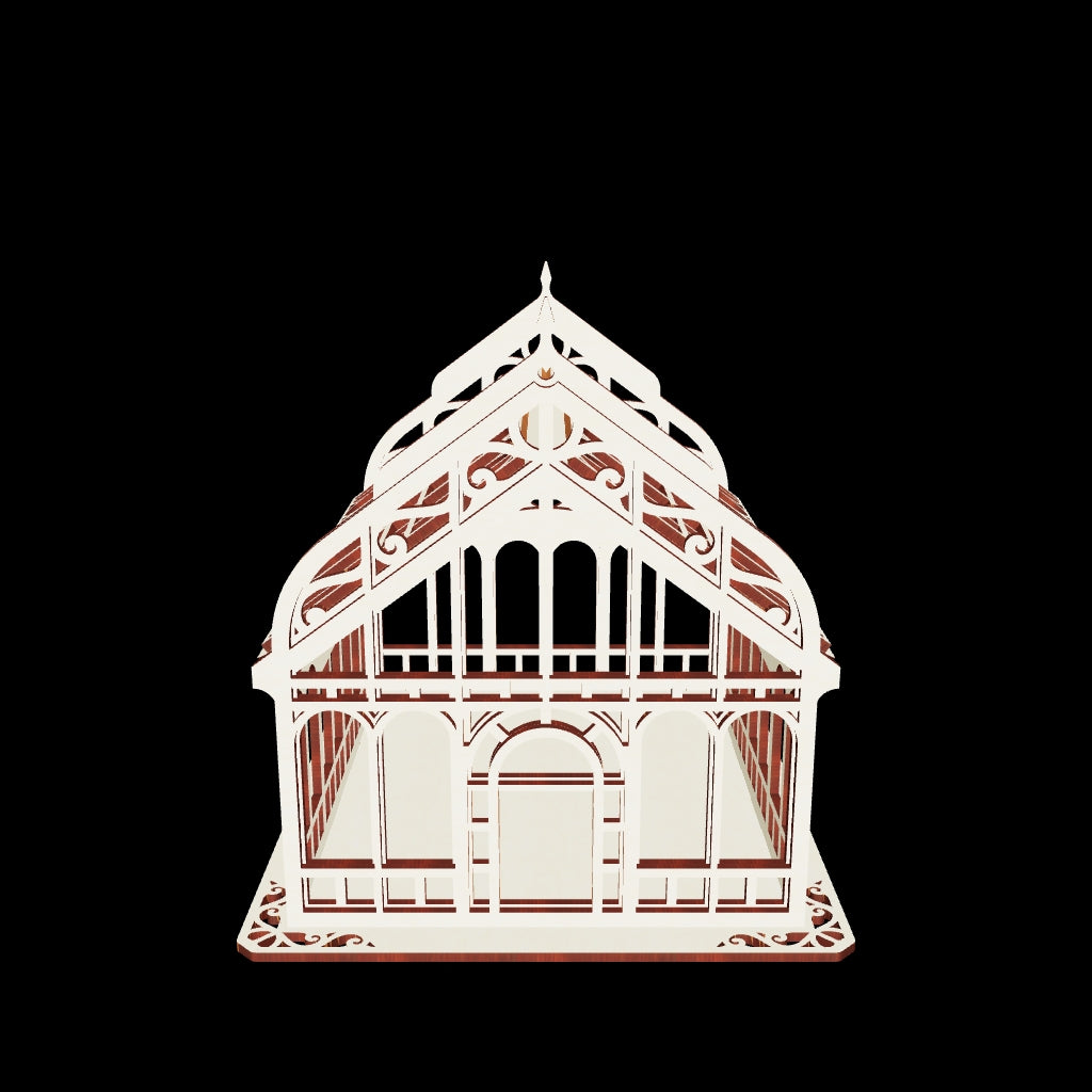 3D digital model render of a miniature Victorian greenhouse box made from light-colored laser cut plywood.