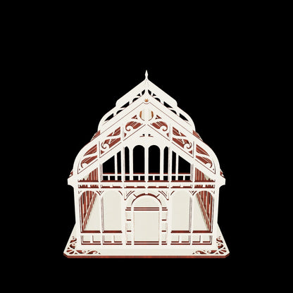 3D digital model render of a miniature Victorian greenhouse box made from light-colored laser cut plywood.