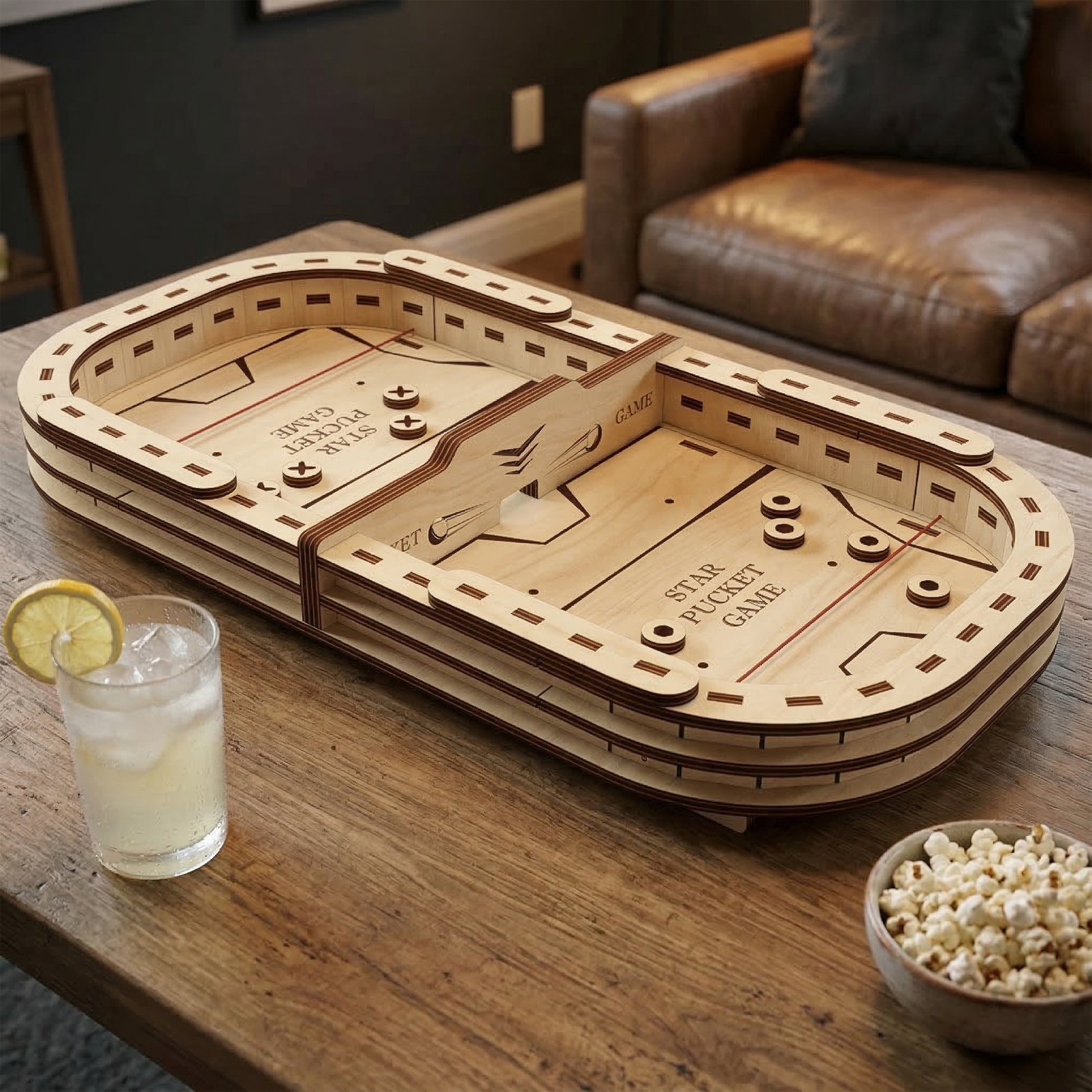 A large "Star Pucket Game" board made of laser cut plywood on a wooden coffee table. The high-speed sling game features a curved arena, elastic bands, and round wooden pucks. A living room setting with a drink and popcorn highlights its use for family game night.