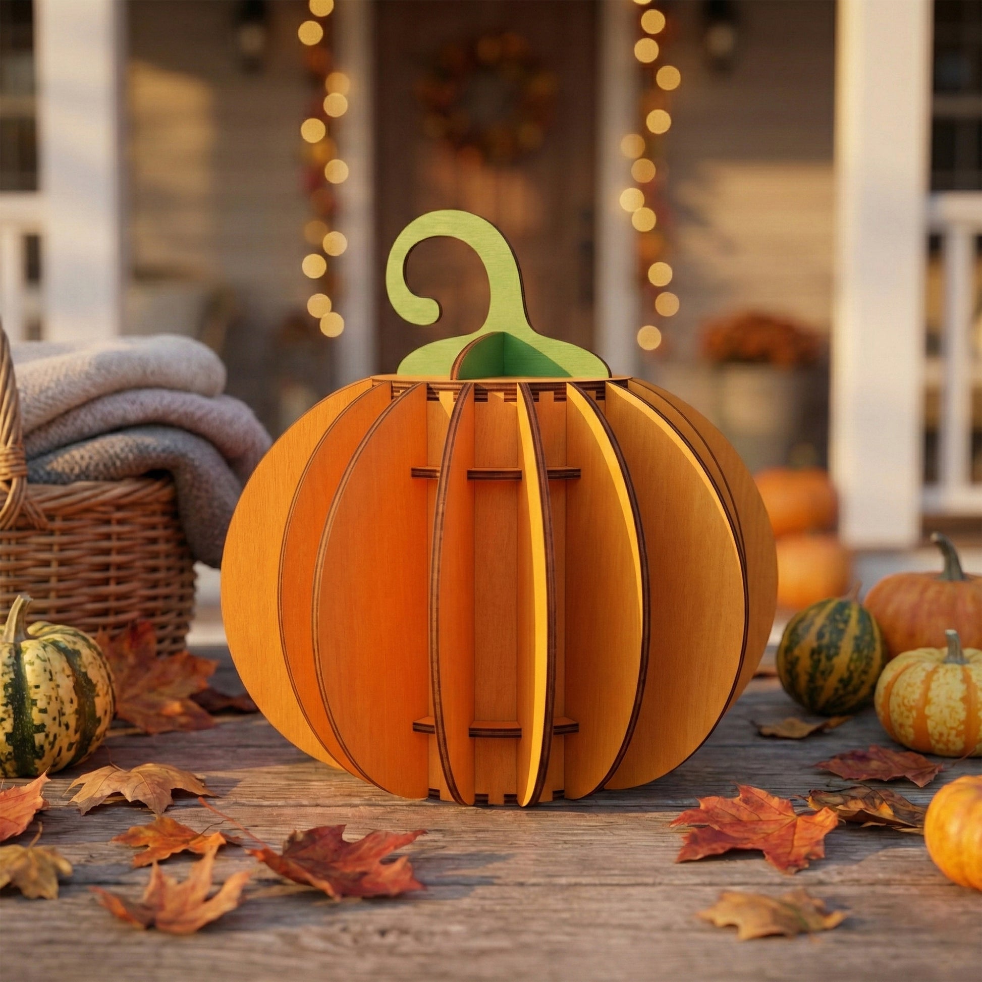 A 3D pumpkin decoration made from slotted laser cut plywood. The interlocking pieces are stained bright orange with a green stem. Displayed outdoors on a wooden deck surrounded by autumn leaves and real mini gourds.