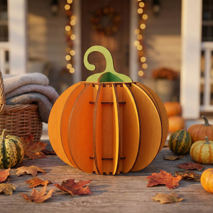 A 3D pumpkin decoration made from slotted laser cut plywood. The interlocking pieces are stained bright orange with a green stem. Displayed outdoors on a wooden deck surrounded by autumn leaves and real mini gourds.