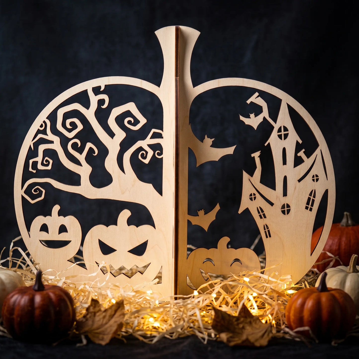 A wooden laser cut Halloween pumpkin with a spooky tree and jack-o'-lantern on one side and a haunted house, bats, and pumpkins on the other, displayed on straw with small pumpkins against a dark background.