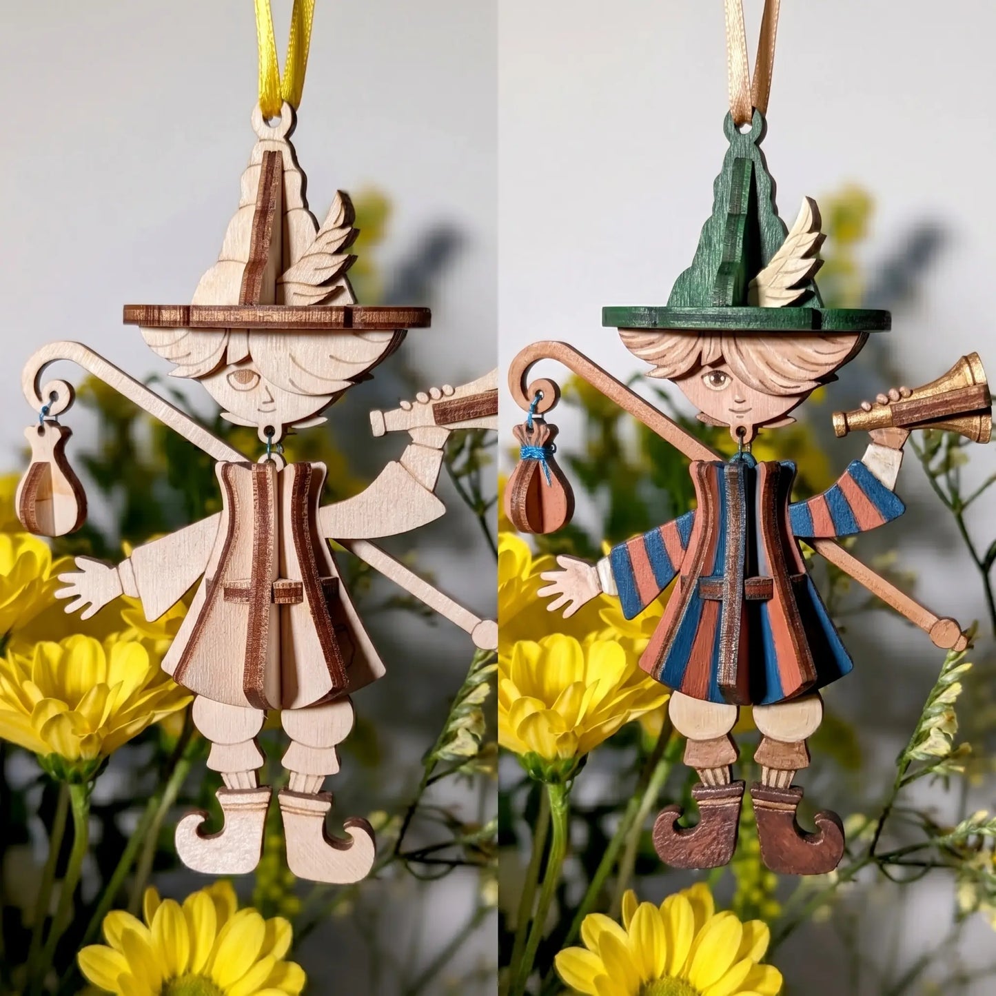 Before and after painting view of a laser cut wooden bard marionette ornament, showing natural plywood and colorful hand painted fantasy nursery decor.