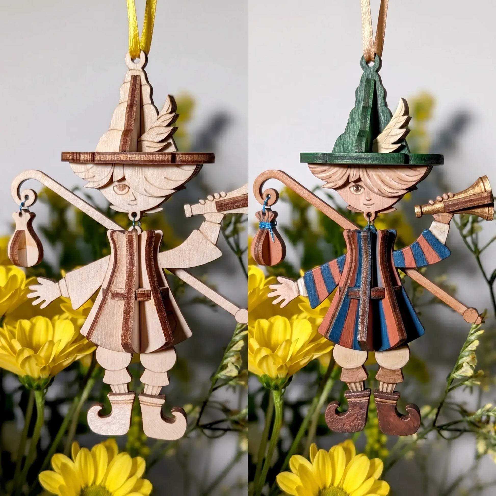 Before and after painting view of a laser cut wooden bard marionette ornament, showing natural plywood and colorful hand painted fantasy nursery decor.