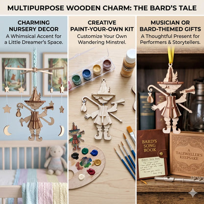 Multipurpose wooden bard charm laser cut file shown as nursery decor, paint your own craft kit, and musician themed gift idea for fantasy lovers.