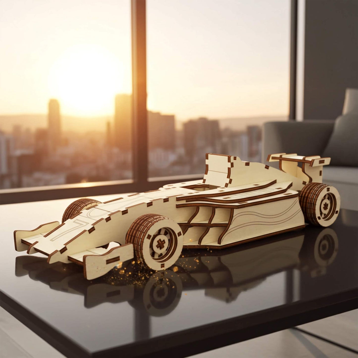 Laser cut wooden plywood formula racing car 3D model on a reflective black table. Detailed plywood assembly showing aerodynamic wings, wide treaded tires, and open cockpit. Urban sunset city skyline through a large window in the background.