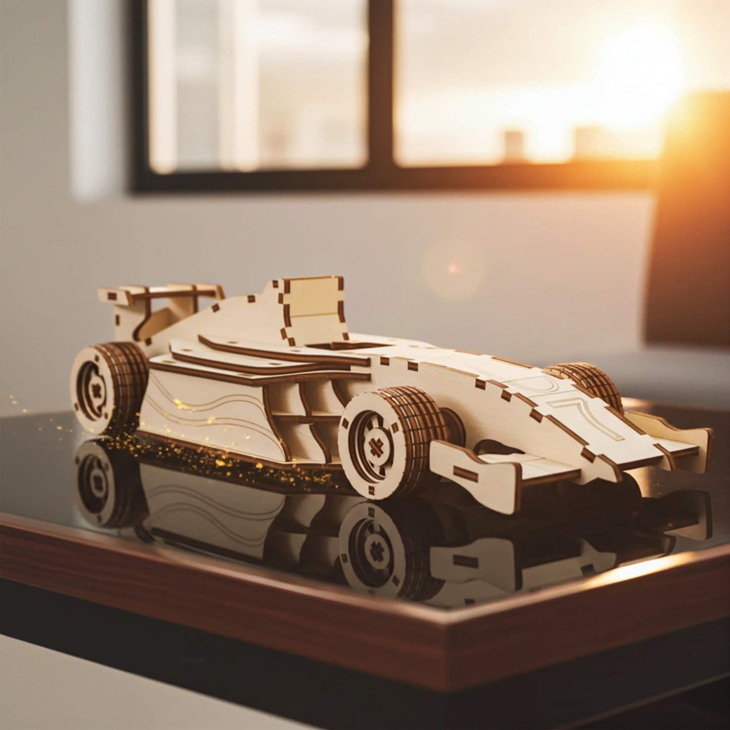 Laser cut wooden plywood formula racing car 3D model on a reflective black table. Detailed plywood assembly showing aerodynamic wings, wide treaded tires, and open cockpit. Urban sunset city skyline through a large window in the background.