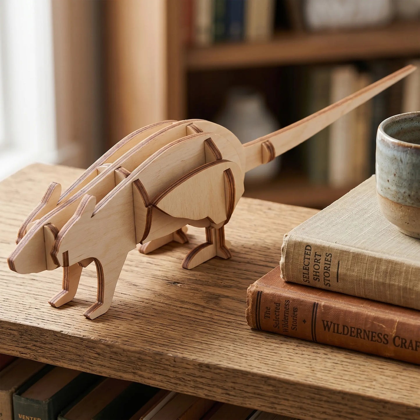 3D laser cut plywood rat figurine with interlocking layers, standing on a wooden shelf next to some vintage hardcover books