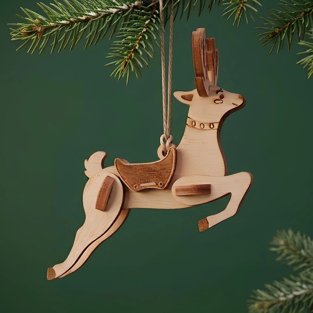 Laser cut plywood leaping reindeer Christmas ornament with saddle hanging from evergreen branch on dark green background.