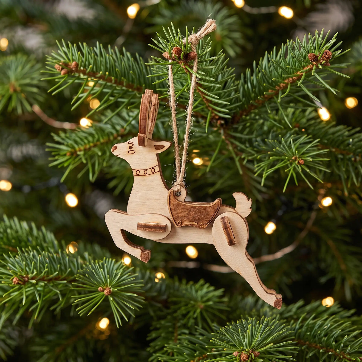 Close-up of a laser cut plywood reindeer ornament hanging on pine Christmas tree with warm glowing holiday lights behind.
