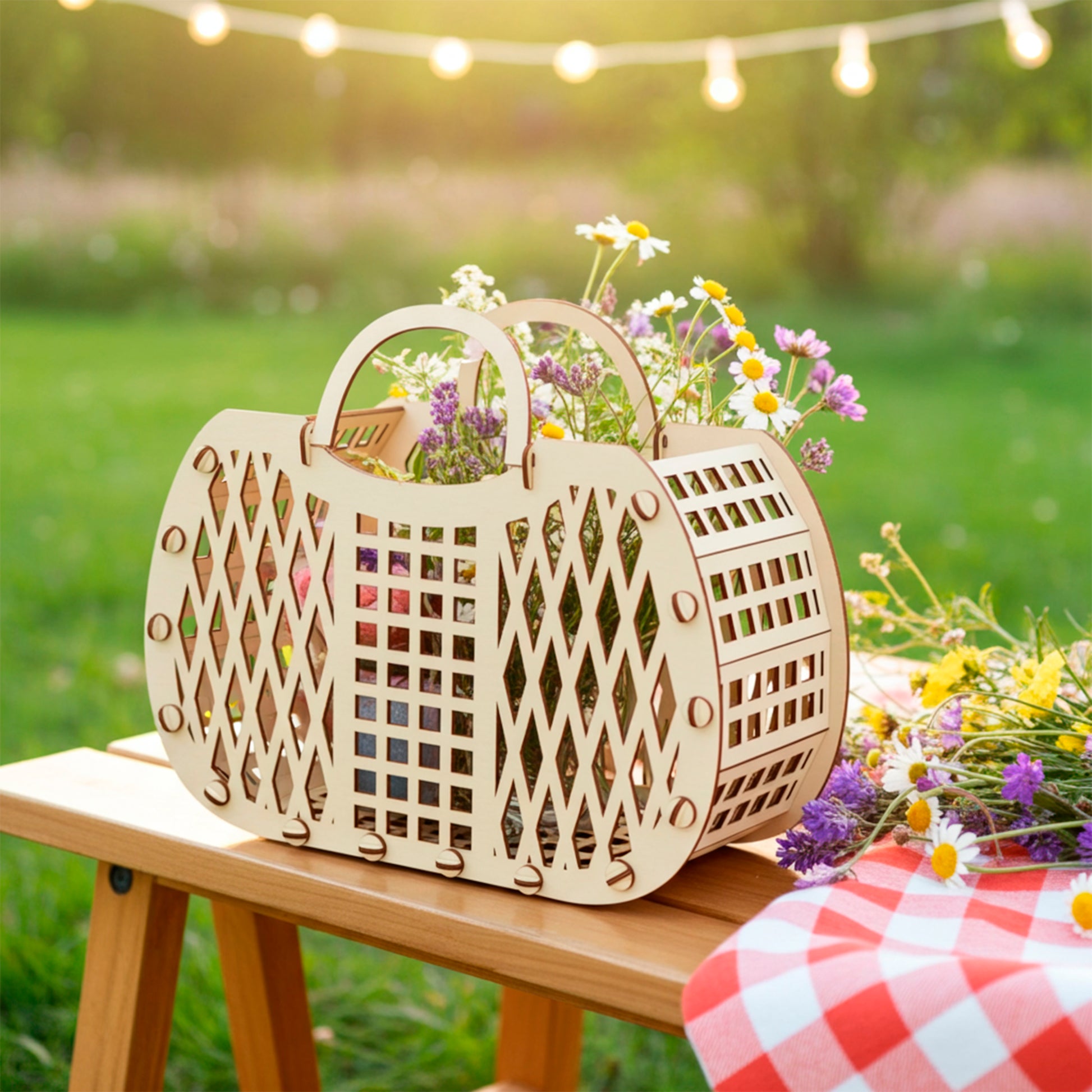 Laser cut plywood wooden picnic basket or tote with handles and diamond-patterned lattice sides, filled with white daisies and wildflowers, sitting on a wooden bench with a red and white checked cloth, outdoors with warm fairy light bokeh.