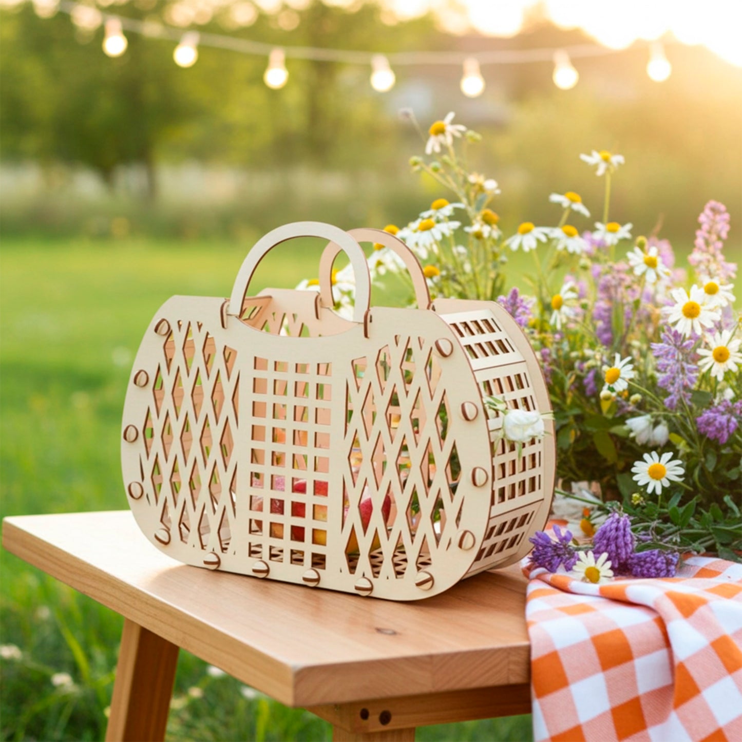Laser cut plywood wooden picnic basket or tote with handles and diamond-patterned lattice sides, filled with white daisies and wildflowers, sitting on a wooden bench with a red and white checked cloth, outdoors with warm fairy light bokeh.