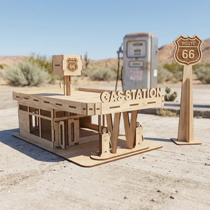 Miniature retro gas station model made of laser cut plywood. Features a detailed service station building with a "Gasoline" sign, two vintage fuel pumps on a platform, and a curved overhang. Natural light wood finish with dark etched details.