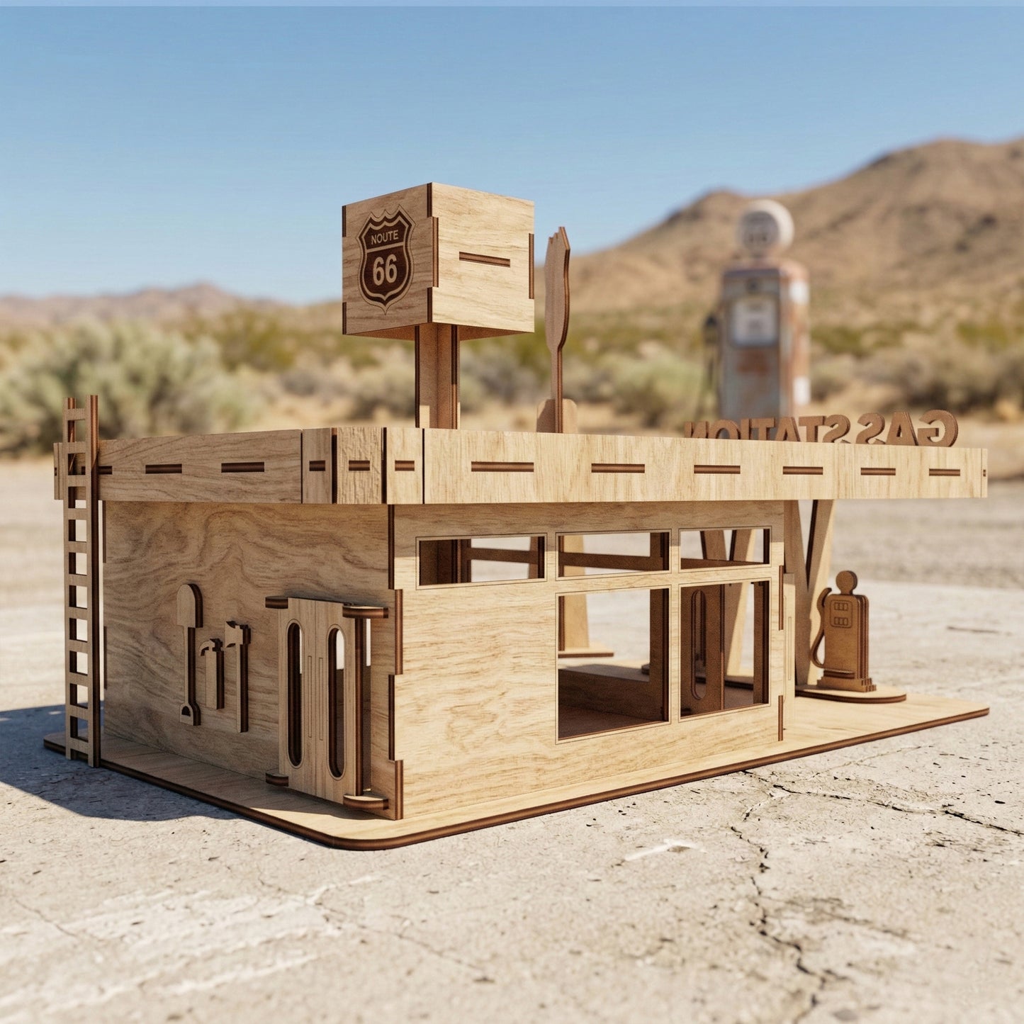 Side view of a DIY retro gas station kit crafted from laser cut plywood. Shows the precise interlocking joints, 3D layered signage, and garage door details. The wooden texture provides a clean, architectural model look for hobbyists.