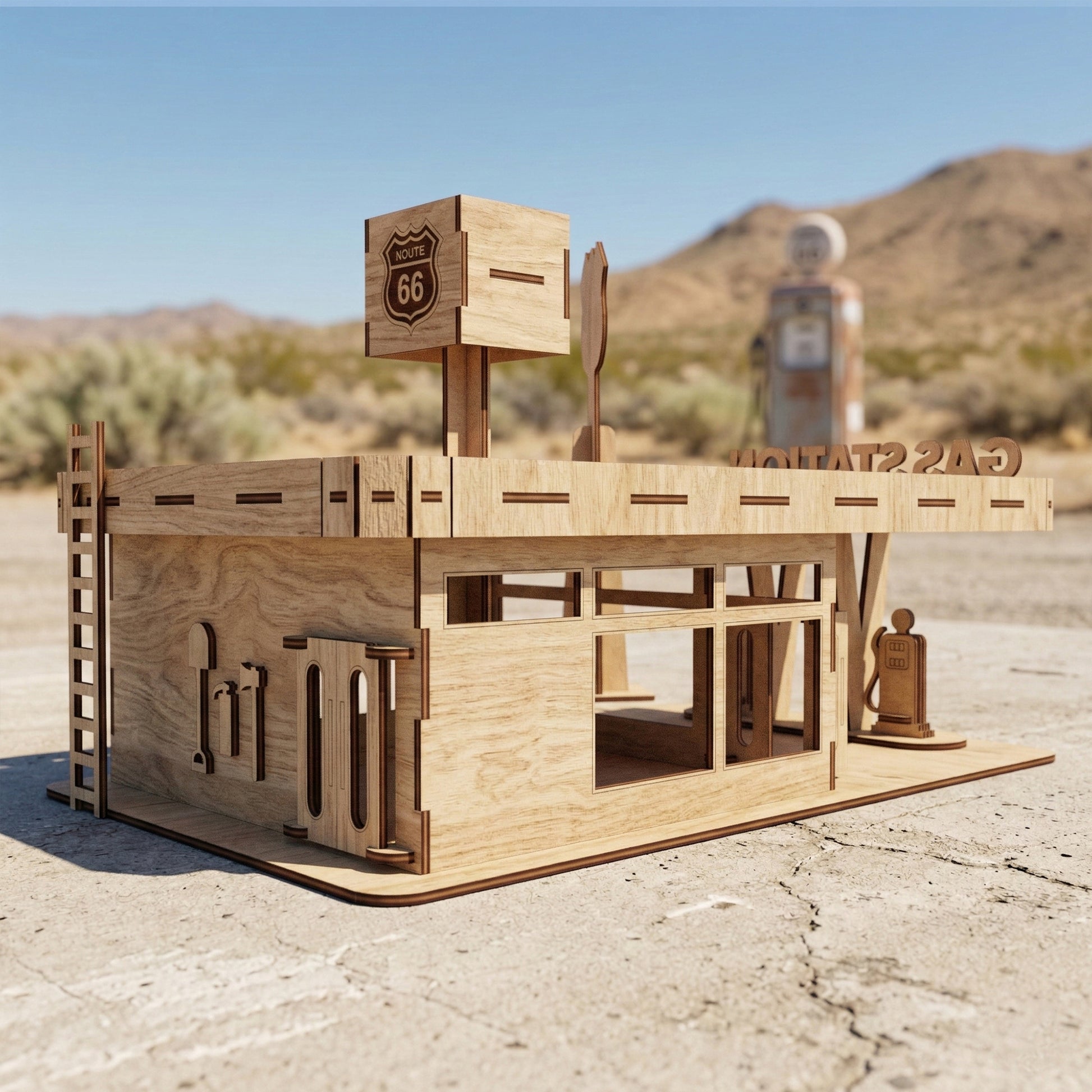 Side view of a DIY retro gas station kit crafted from laser cut plywood. Shows the precise interlocking joints, 3D layered signage, and garage door details. The wooden texture provides a clean, architectural model look for hobbyists.
