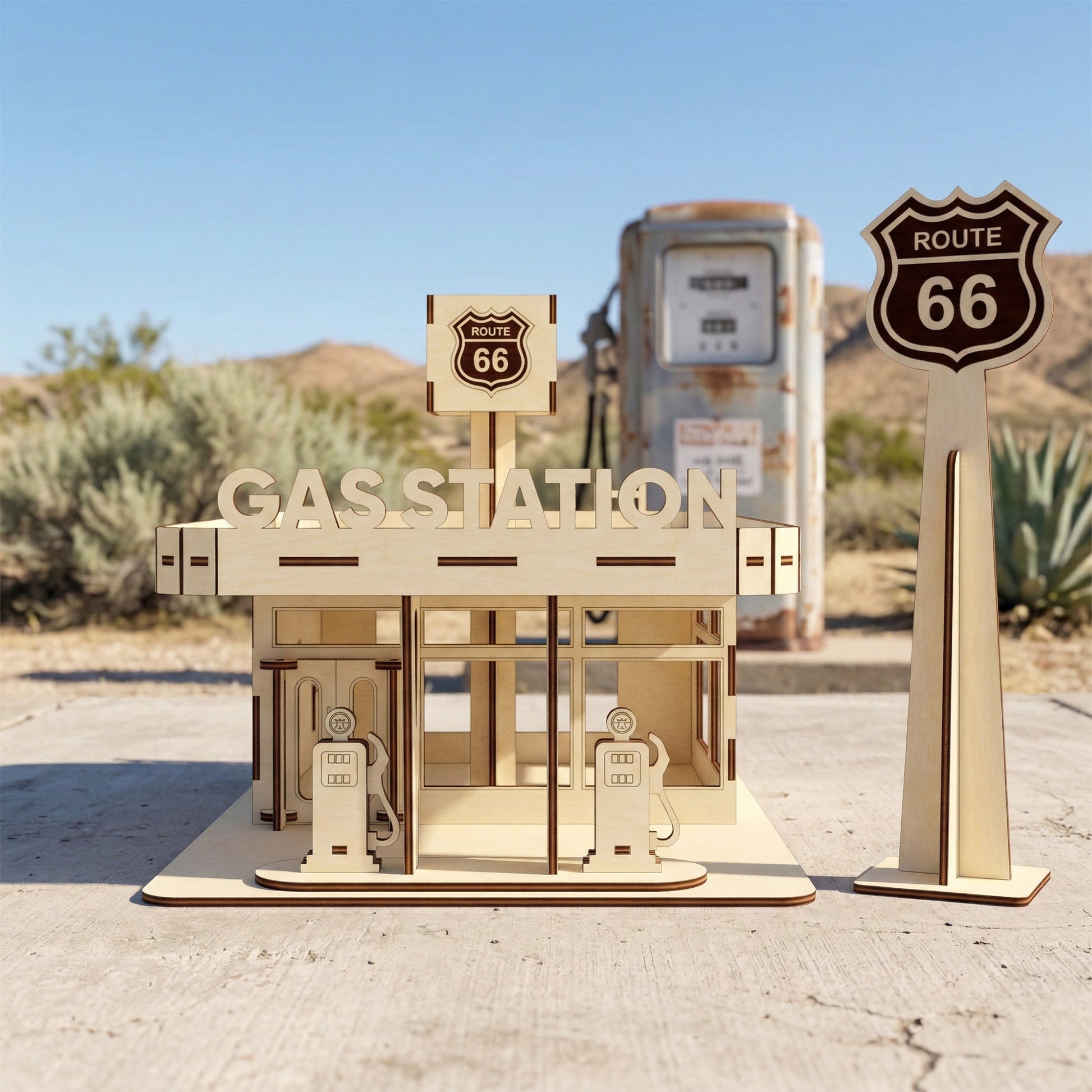 Close-up of vintage-style fuel pumps and the "Gasoline" rooftop sign, all made from laser cut plywood. Highly detailed engraving shows pump dials and retro typography. Smooth wood edges highlight the quality of the laser cutting process.
