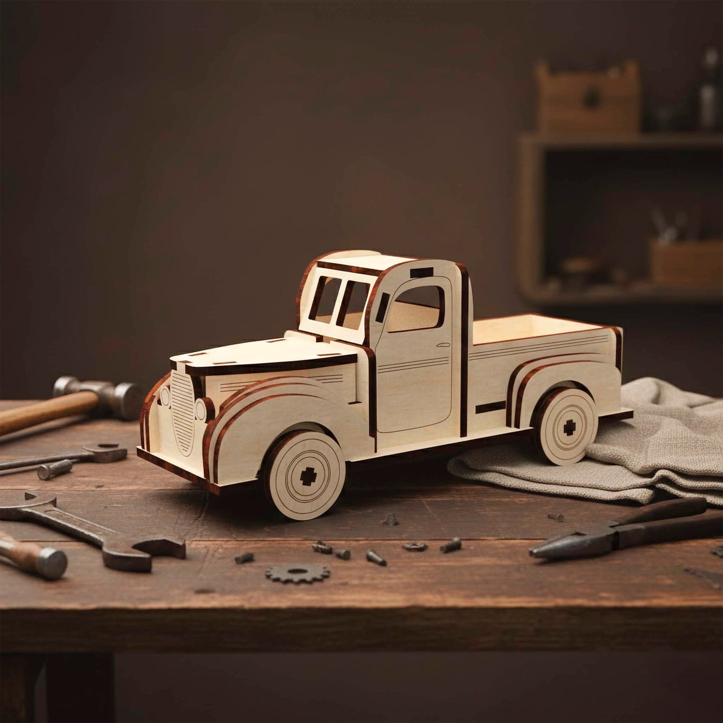 Laser cut wooden plywood retro pickup truck model with a vintage rounded design. Plywood 3D puzzle resting on a wooden workbench surrounded by tools like wrenches and pliers. Features layered fenders, a front grill, and a classic cabin shape