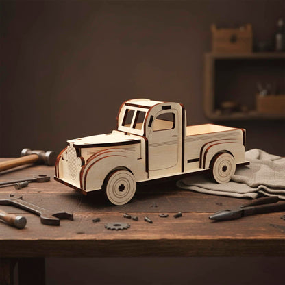 Laser cut wooden plywood retro pickup truck model with a vintage rounded design. Plywood 3D puzzle resting on a wooden workbench surrounded by tools like wrenches and pliers. Features layered fenders, a front grill, and a classic cabin shape