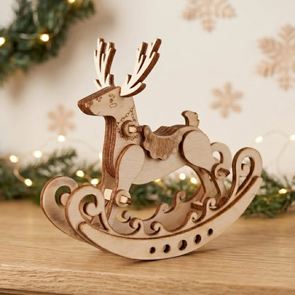 Wooden reindeer laser cut model on a wooden surface with a festive background
