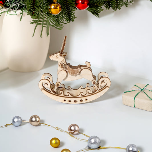 wooden reindeer laser cut mode standing at the chistmas tree