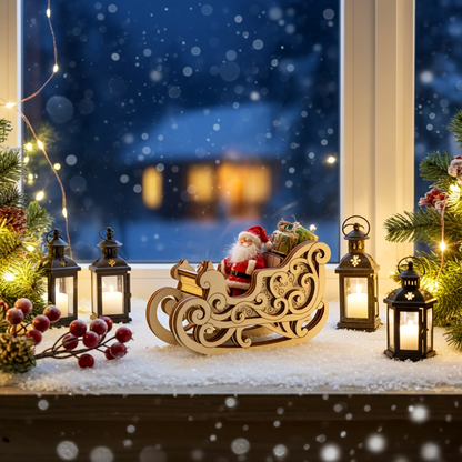 Wooden rocking sleigh with Santa figurine, crafted from laser cut plywood, placed on a festive snowy windowsill with lanterns and Christmas greenery
