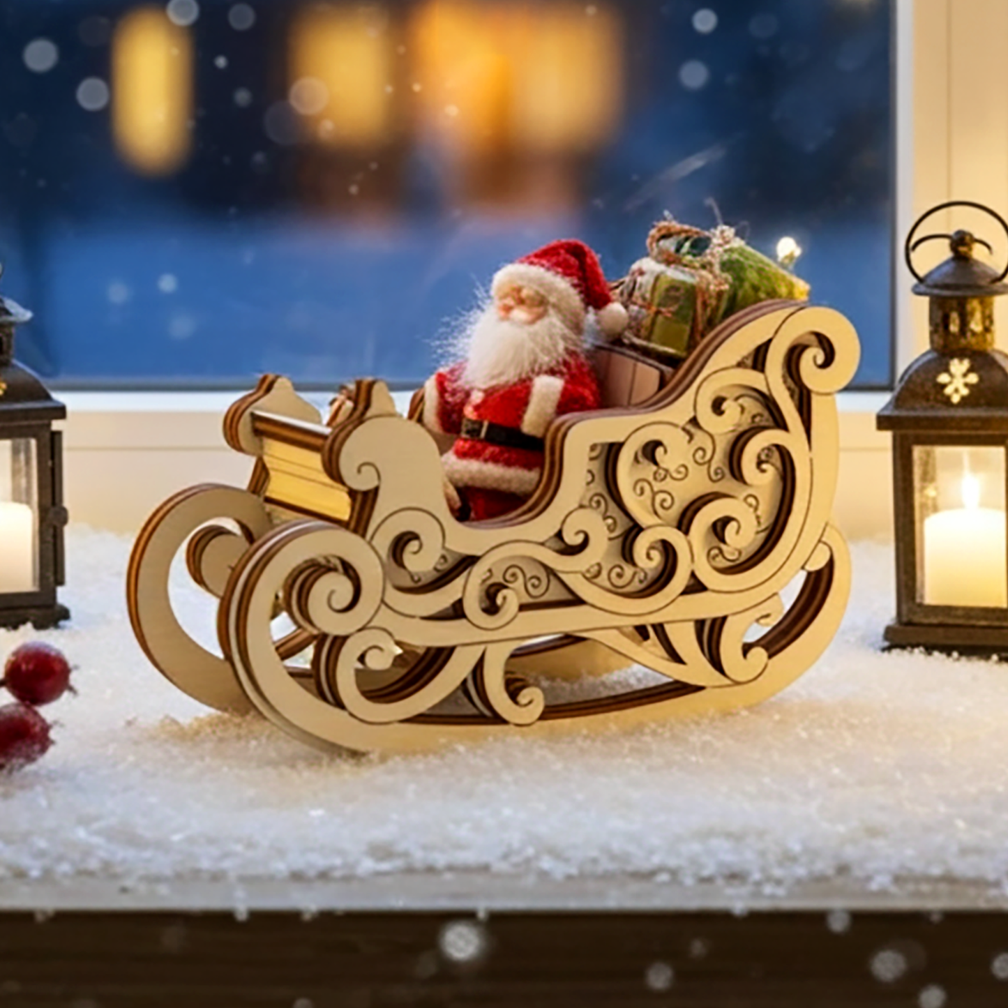 Close-up of laser cut plywood rocking sleigh with Santa Claus, surrounded by snow and candle lanterns by the window