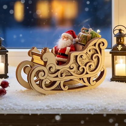 Close-up of laser cut plywood rocking sleigh with Santa Claus, surrounded by snow and candle lanterns by the window