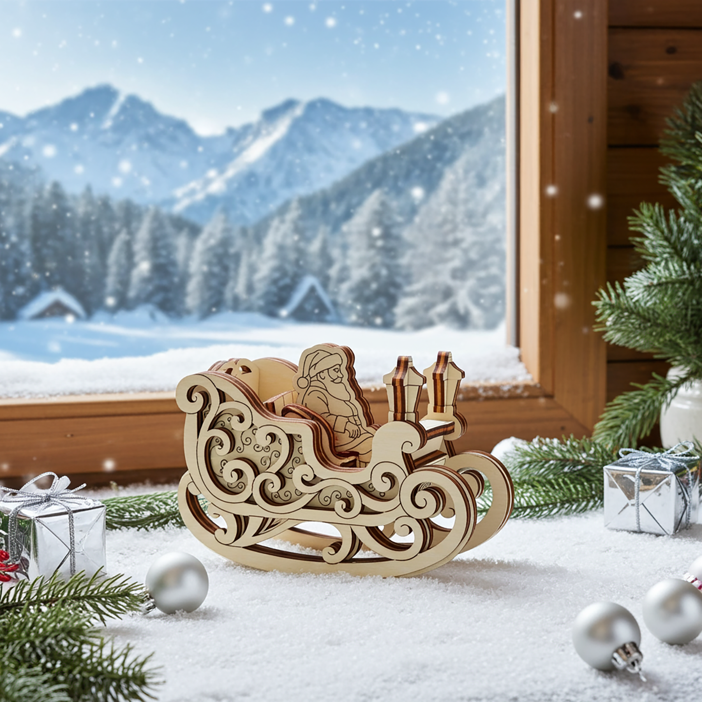 Laser cut wooden sleigh with engraved Santa figure in a winter cabin scene with mountains and snow outside the window