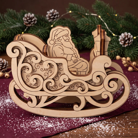Side view of laser cut plywood Santa Claus sleigh with carved swirls on maroon cloth with snow and lights.