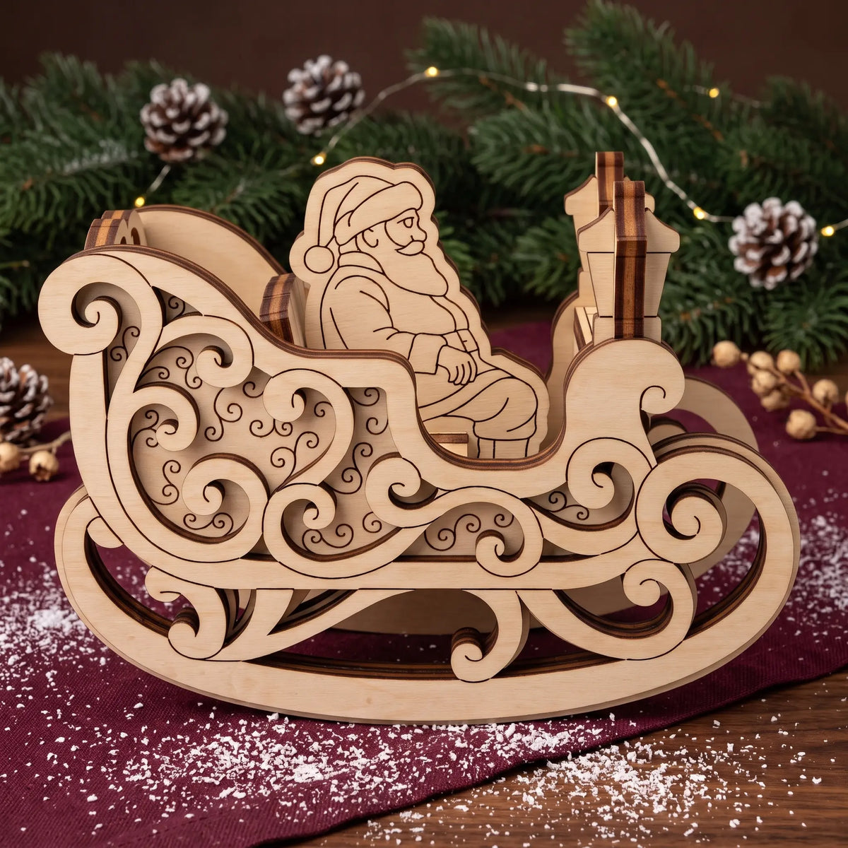 Side view of laser cut plywood Santa Claus sleigh with carved swirls on maroon cloth with snow and lights.