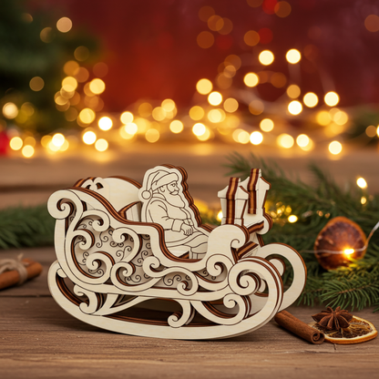Decorative rocking sleigh with laser cut details and Santa illustration, photographed on a rustic Christmas table with lights and holiday decor