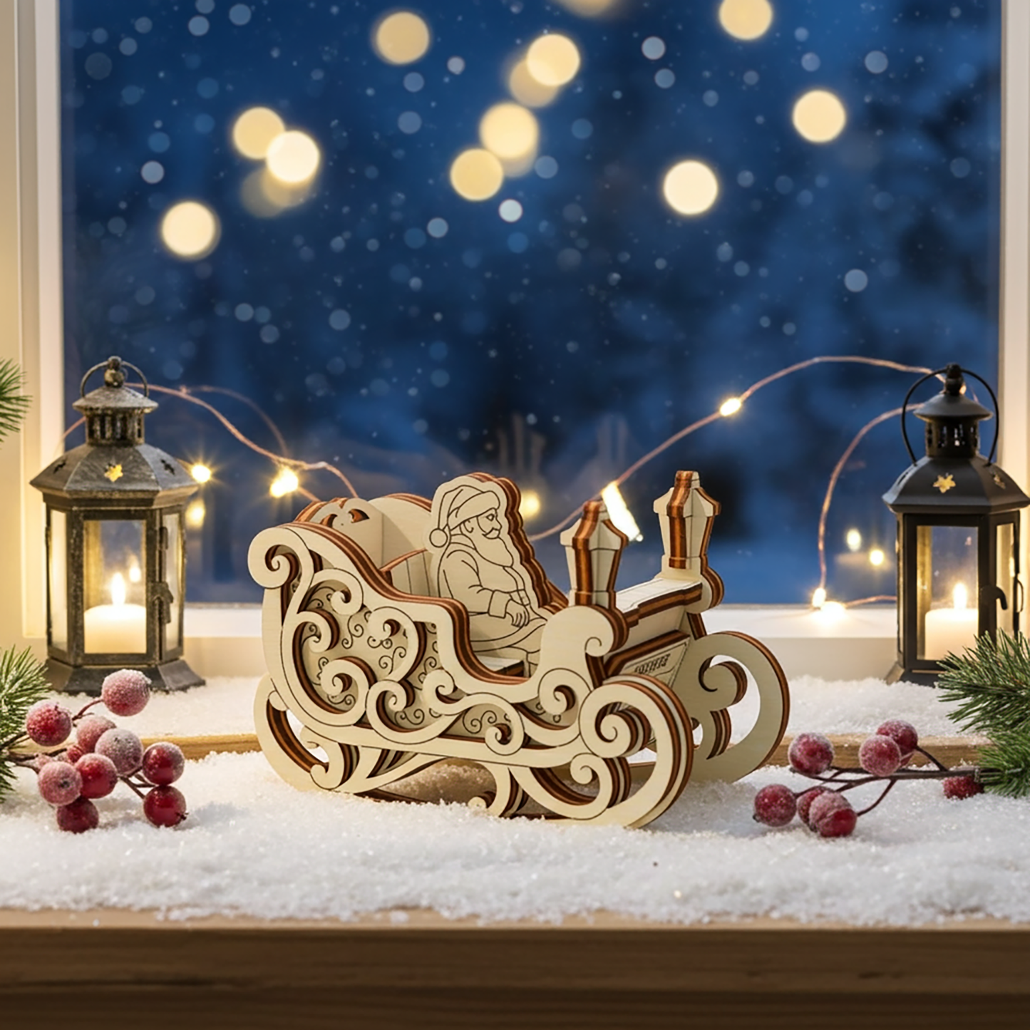 Christmas rocking sleigh made from layered plywood with Santa Claus figure, glowing lanterns, snow, and winter background