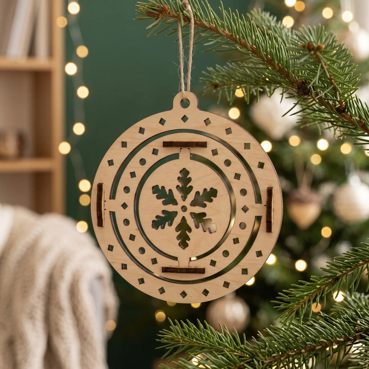 Flat view of laser cut plywood kinetic bauble ornament with carved snowflake hanging on Christmas tree branch.