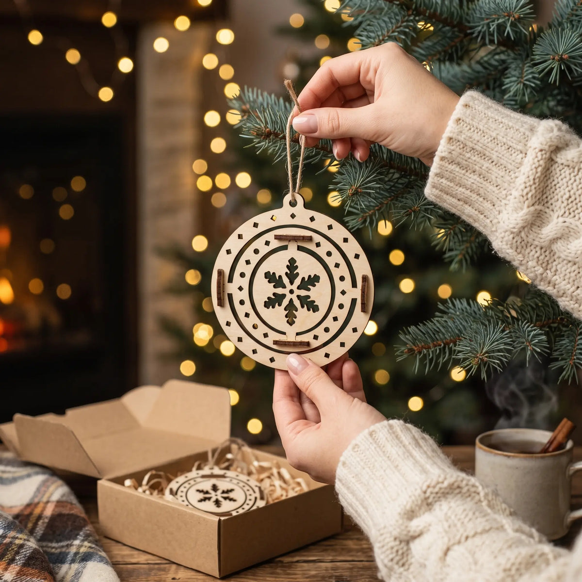 Hands holding laser cut plywood round snowflake ornament near festive pine tree, gift box, and hot mug.