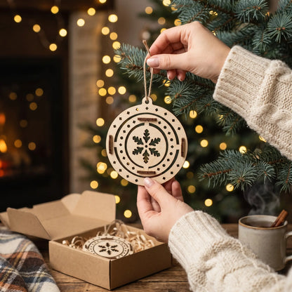 Hands holding laser cut plywood round snowflake ornament near festive pine tree, gift box, and hot mug.