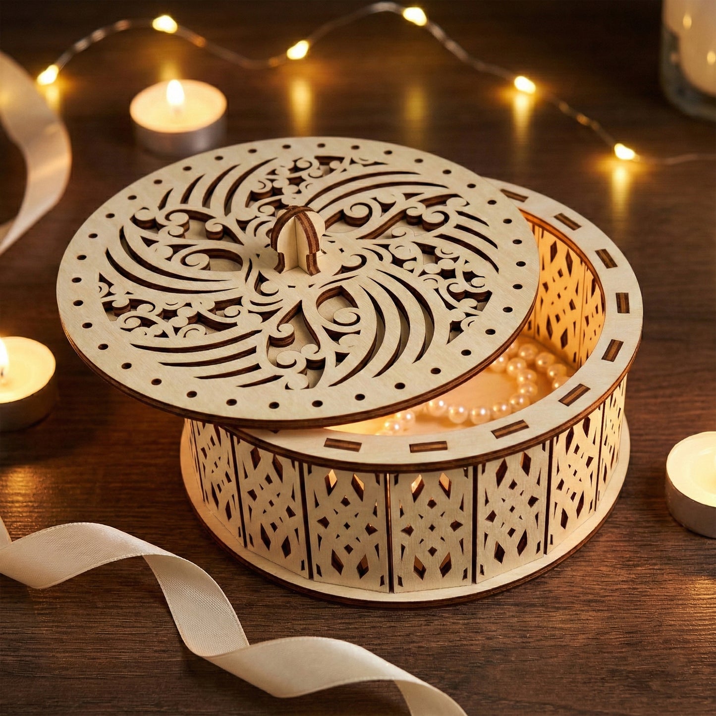 Round jewelry box made of intricate laser cut plywood with a swirling filigree lid. The box is shown slightly open on a wooden table, surrounded by warm tea light candles and a white ribbon, revealing a pearl necklace inside.