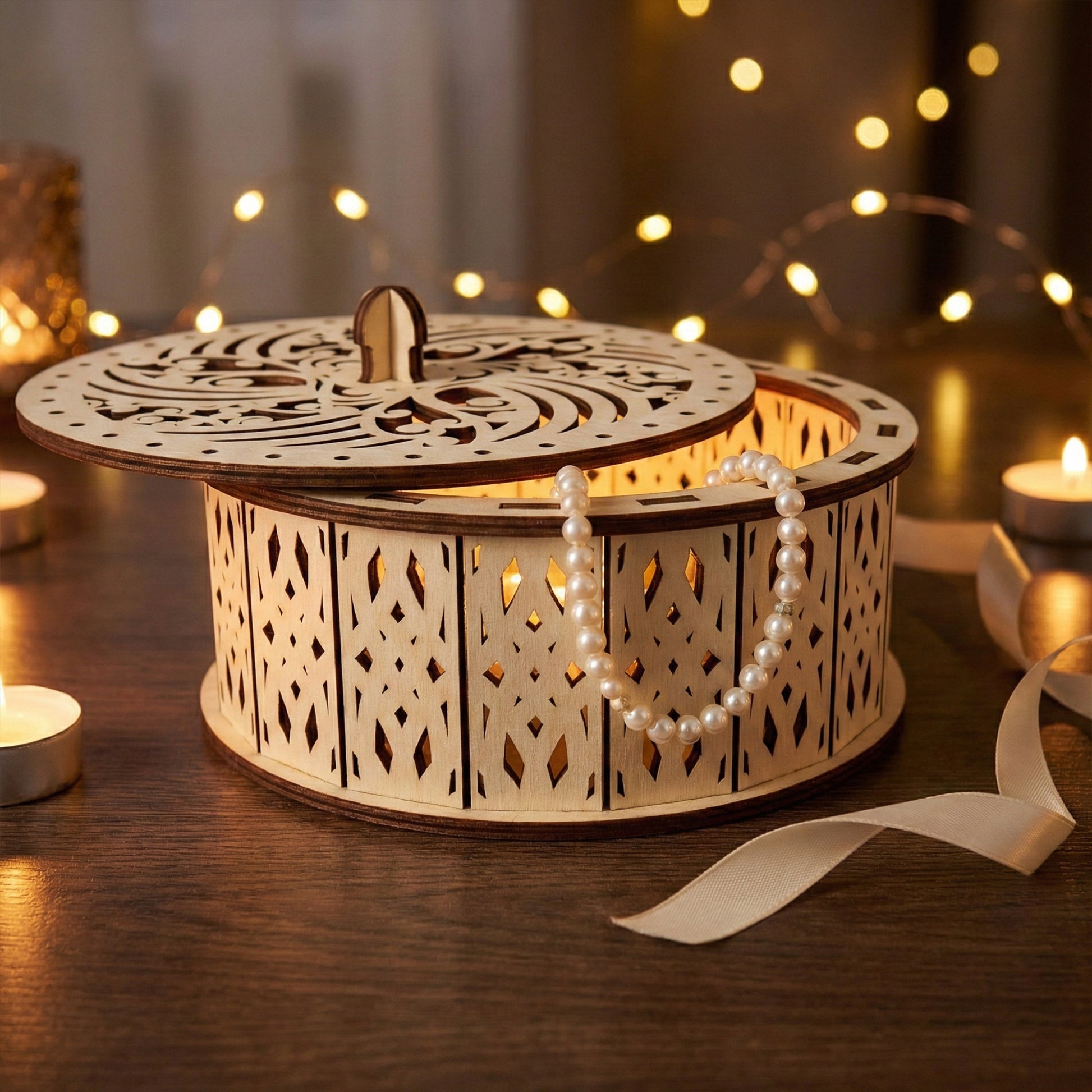 Side view of a circular laser cut plywood box featuring a geometric lattice pattern on the walls. A pearl necklace drapes over the edge. Warm light glows through the wood cutouts, highlighting the smooth texture and natural wood grain.
