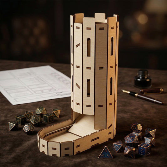 A tall, cylindrical dice tower made of laser cut plywood with a castle aesthetic. Features vertical slats, small arched windows, and a walled landing tray. Posed on a dark table with D&D character sheets and several sets of polyhedral dice.