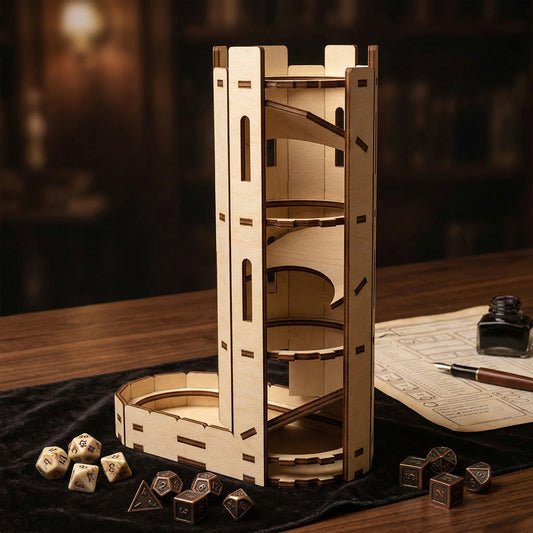Interior view of a round laser cut plywood dice tower showing the spiral-stepped internal ramps. The light wood construction reveals the mechanism for randomizing rolls. Posed with RPG dice and a fountain pen on a dark gaming surface.