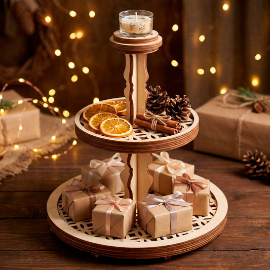 Round 3-tier laser cut  centerpiece with intricate geometric cutout patterns styled for the holidays. The plywood tiered tray displays dried orange slices, cinnamon sticks, pinecones, and small wrapped gifts, perfect for festive Christmas table decor.